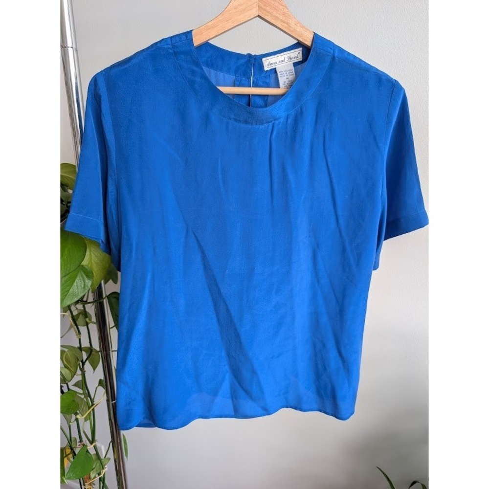 vintage 90s silk shirt M Anna and Frank royal blue top glam disco cobalt 80s